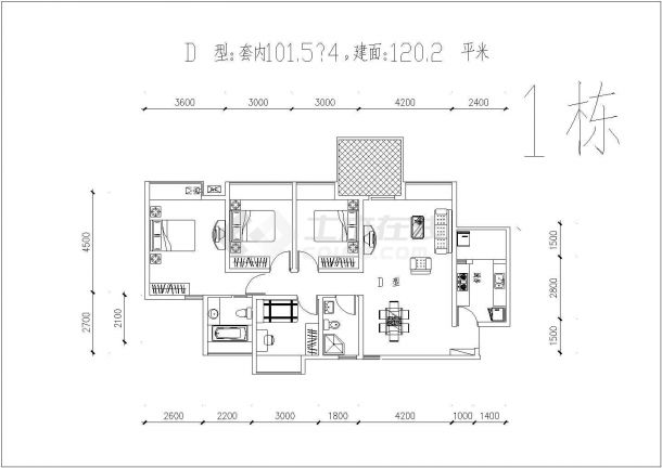 某地區(qū)三房經(jīng)典戶型建筑設計CAD平面圖解析